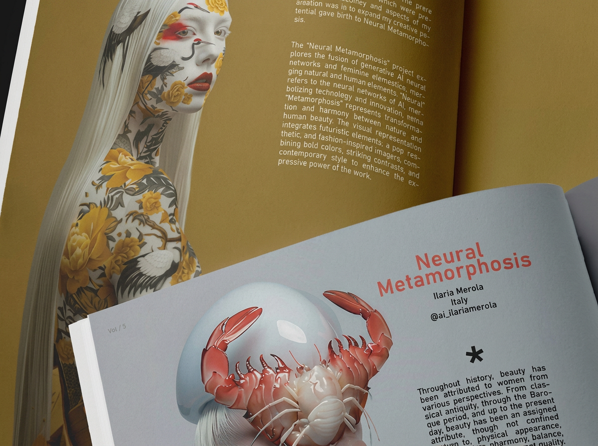 Inside spread from a creAtIva AI Art Book — Ilaria Merola · Italy
