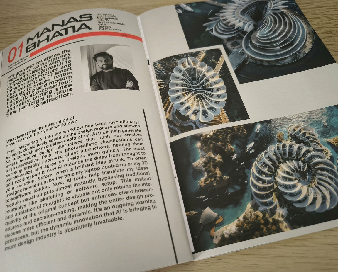 Inside spread from a creAtIva AI Art Book — Manas Bhatia · India